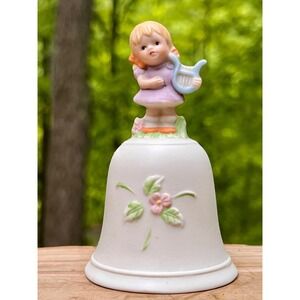 Homco Figurine Bell Porcelain Girl with Lyre Musical Theme Small Vintage
